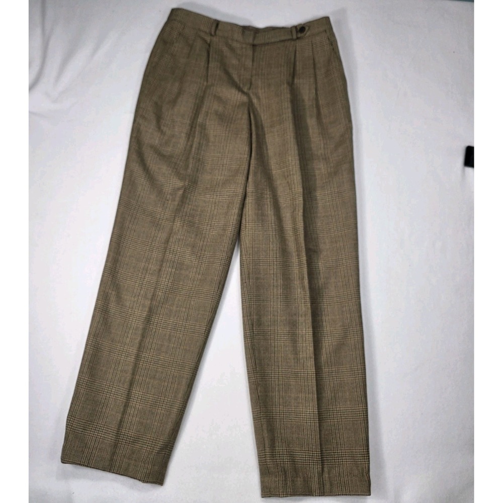 Vintage Ralph Lauren Pleated Wool Pants Womens 8 Brown Tweed Hemmed Trousers